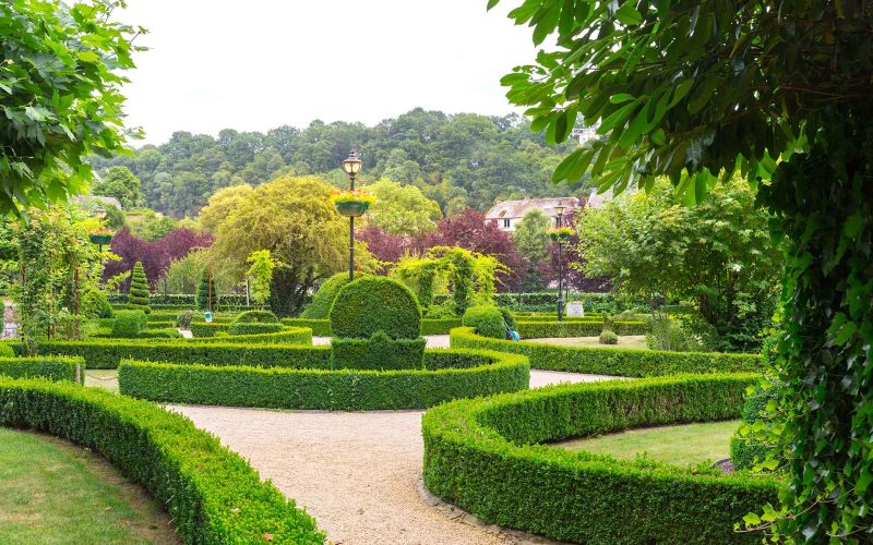 A green and beautiful front yard with creative landscapes.